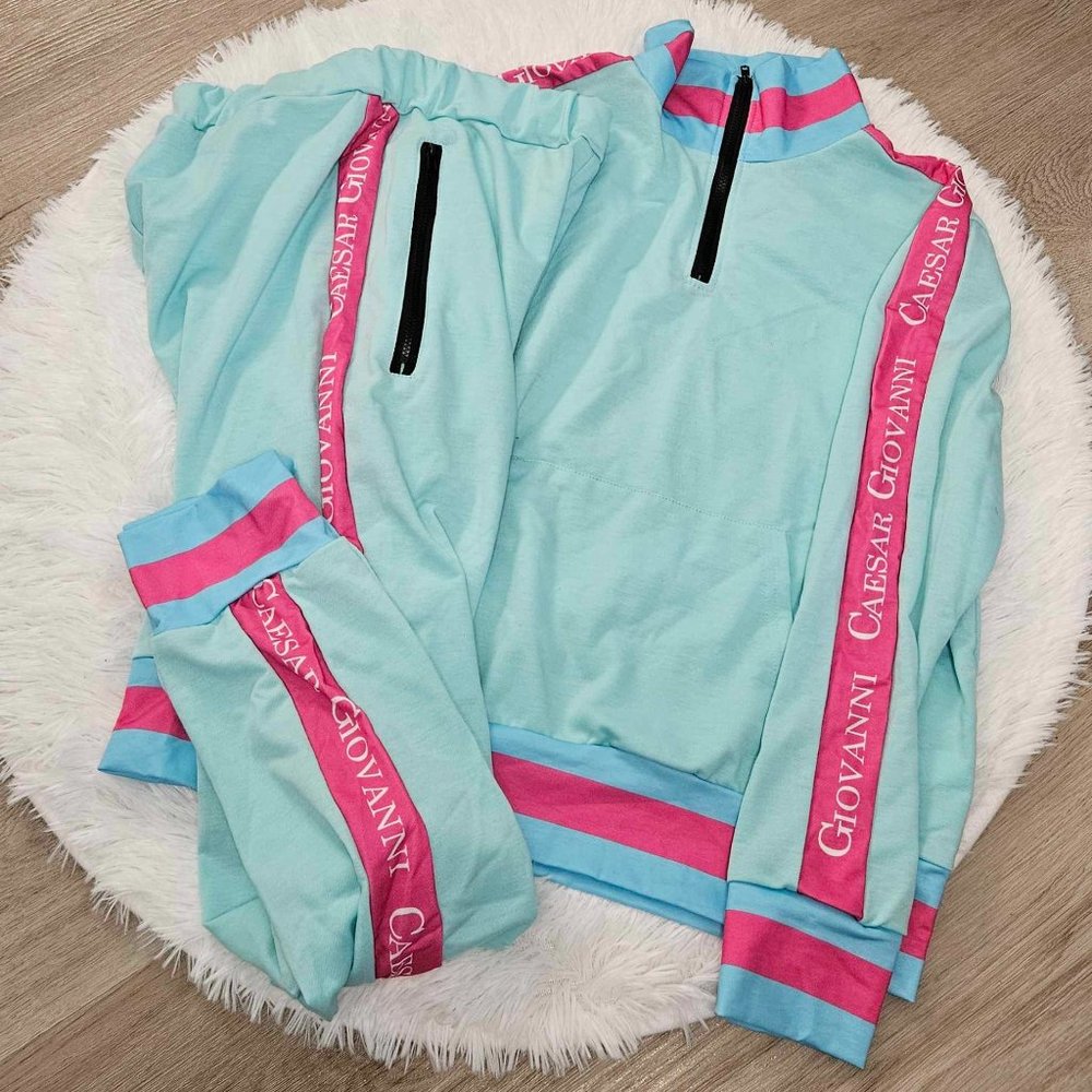 Trendy Women's Jogger Set, Medium, 1/4 Zip, Blue and Pink, Track Suit